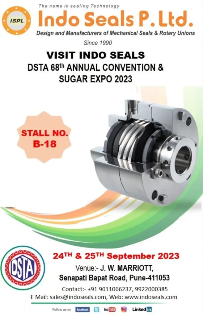 Indo Seals invitation: DSTA's 68th Annual Convention and Sugar Expo 2023, stall B-18, 24 and 25 September 2023, J. W. Marriott, Senapati Bapat Road, Pune