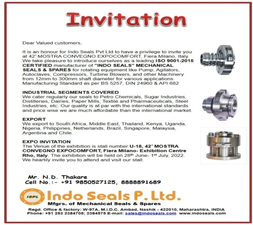Invitation letter for the 42nd Mostra Convegno Expocomfort, Milan, signed by Mr. N. D. Thakare