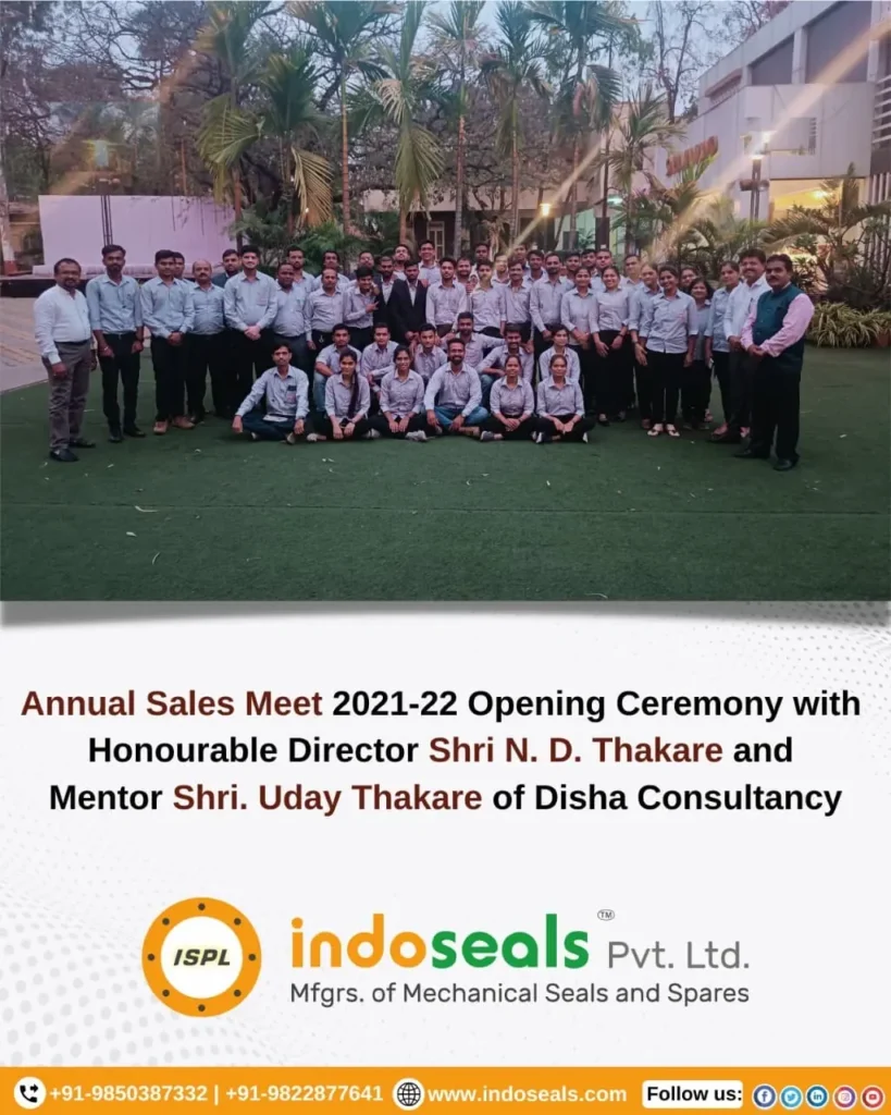 The Indo Seals team at the opening ceremony of the Annual Sales Meet 2021–22, with Director Shri N. D. Thakare and mentor Shri Uday Thakare of Disha Consultancy