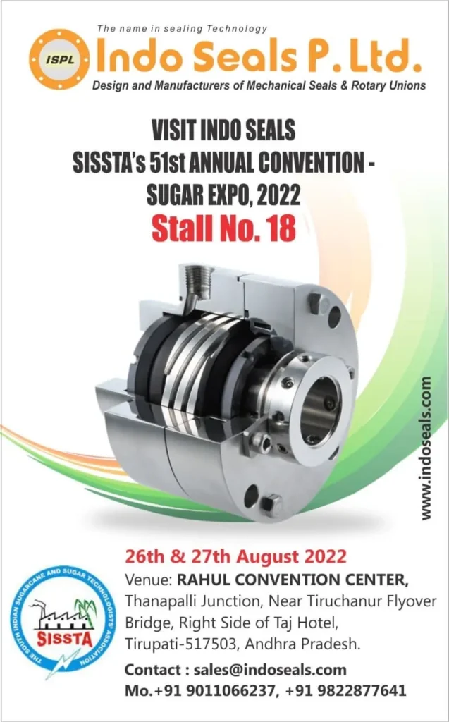 Indo Seals invitation: SISSTA's 51st Annual Convention and Sugar Expo 2022, stall 18, 26 and 27 August 2022, Rahul Convention Center, Tirupati, Andhra Pradesh