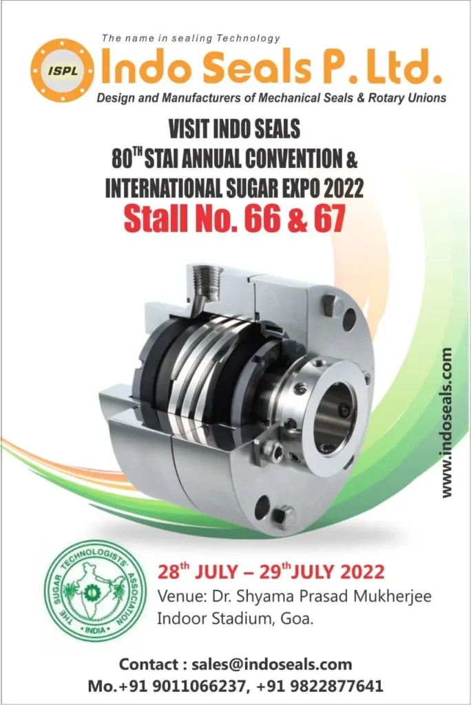 Indo Seals invitation: 80th STAI Annual Convention and International Sugar Expo 2022, stalls 66 and 67, 28 and 29 July 2022, Dr. Shyama Prasad Mukherjee Indoor Stadium, Goa