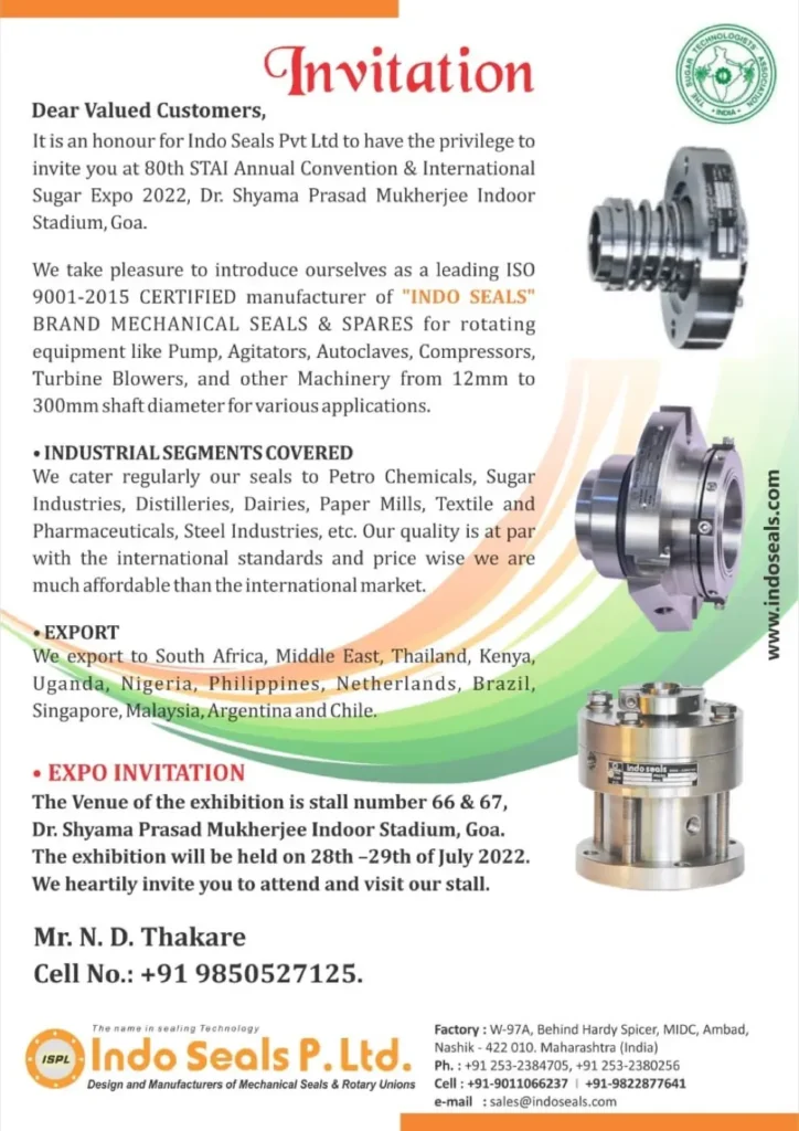 Invitation letter for the 80th STAI Annual Convention and International Sugar Expo 2022, signed by Mr. N. D. Thakare